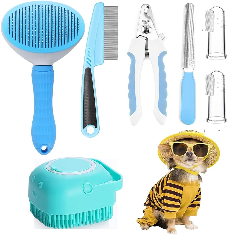 7pcs Pet Grooming Kit, Self-Cleaning Brush Shedding Kit With Nail Clipper, Flea Comb, Shampoo Bath Brush, Finger Toothbrush
